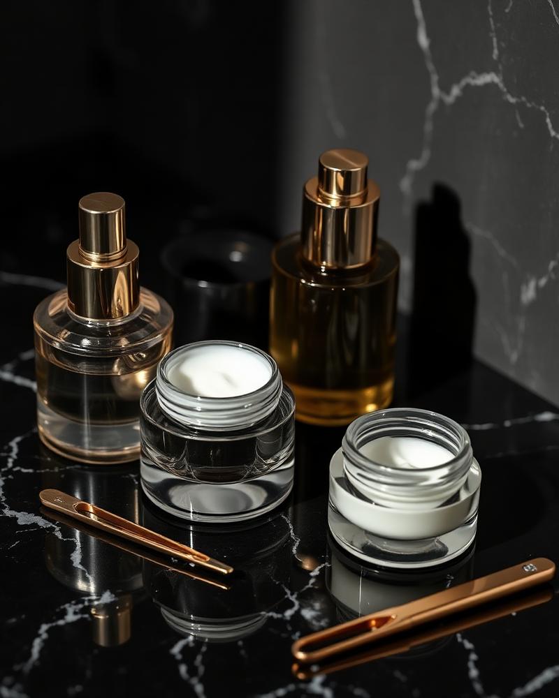 Glass cosmetic bottles and cream jars on dark marble
