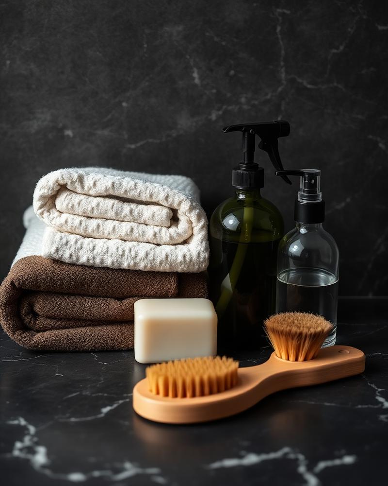 Folded towels, soap bar and glass spray bottle on dark marble