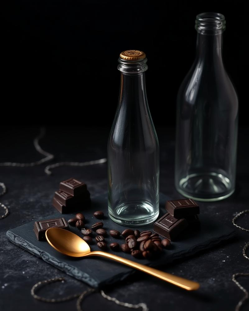 Clear glass bottle, dark chocolate and coffee beans on black slate