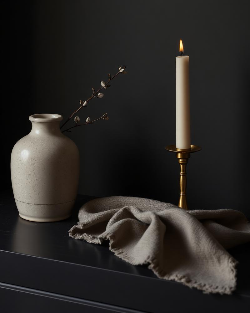 Ceramic vase, brass candlestick and linen throw in a dark interior