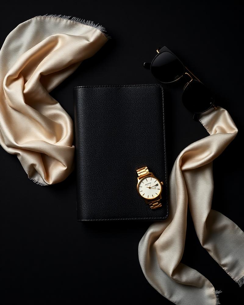Black leather notebook, gold watch and ivory silk scarf flatlay
