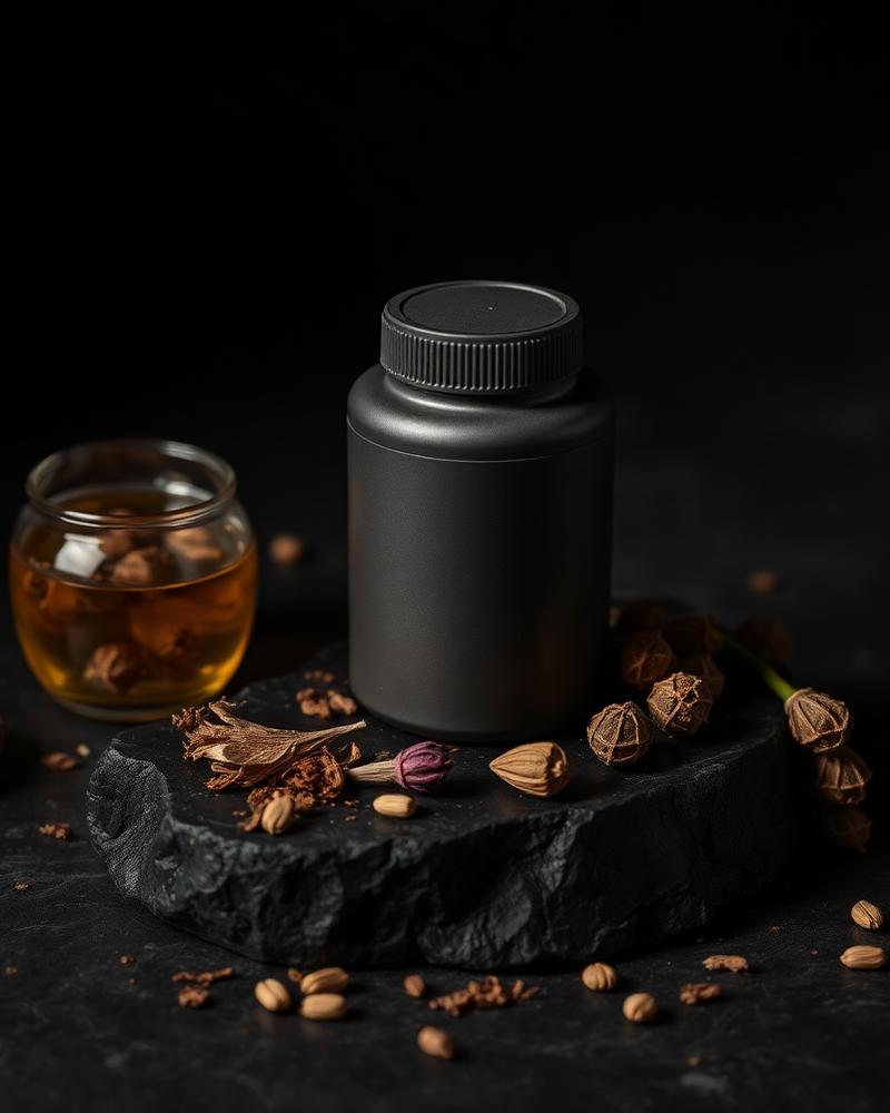 Matte wellness jar with dried botanicals on charcoal stone