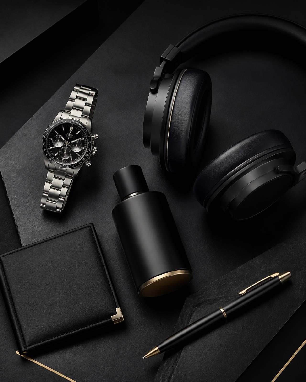 Premium product selection including a chronograph watch, headphones, leather wallet and grooming essentials on a matte black surface